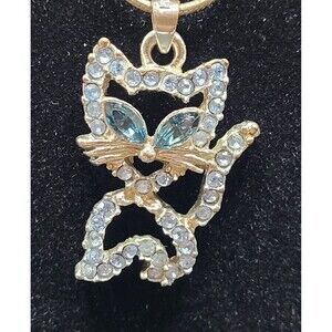 18K Gold Plat Chain Cat Charm with Sapphire Blue Eyes and Cubic Zirconia Body
